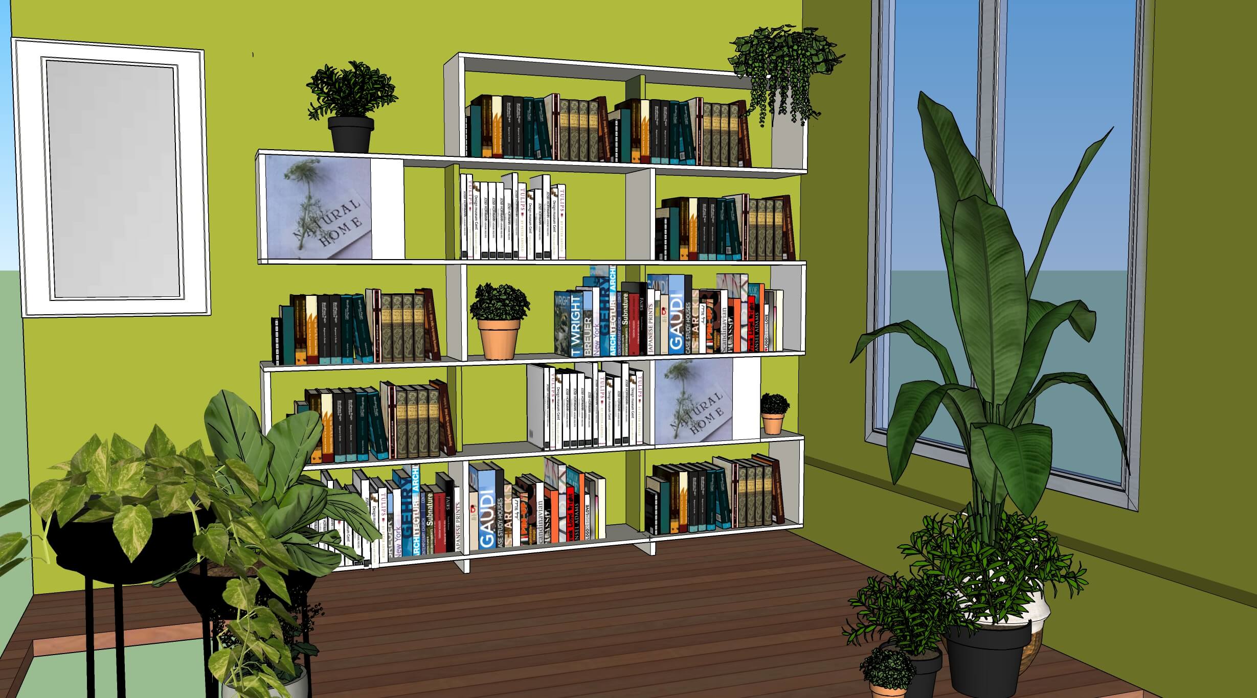 Croquis d'une bibliothèque ouverte dans une chambre, entourée de plantes et de lumière.