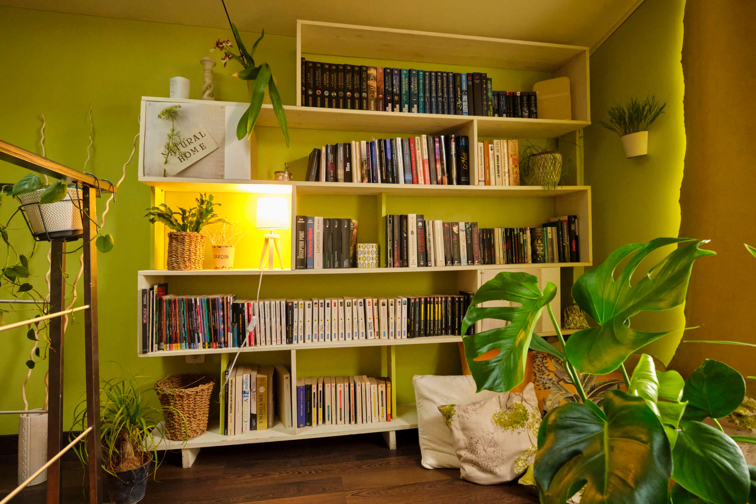 Bibliothèque réalisée par Georgette MagritteS après maquette 3D. Bibliothèque ouverte, entourée de plantes et de lumière.