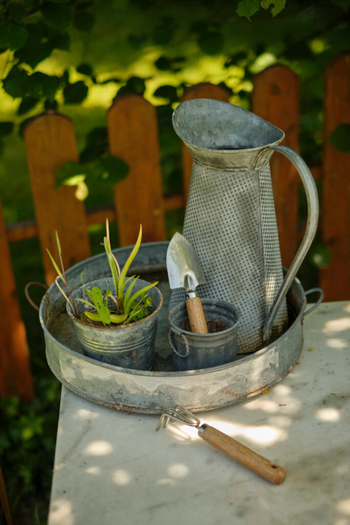 Pots et broc rouillés avec petite pelle de jardinage.
