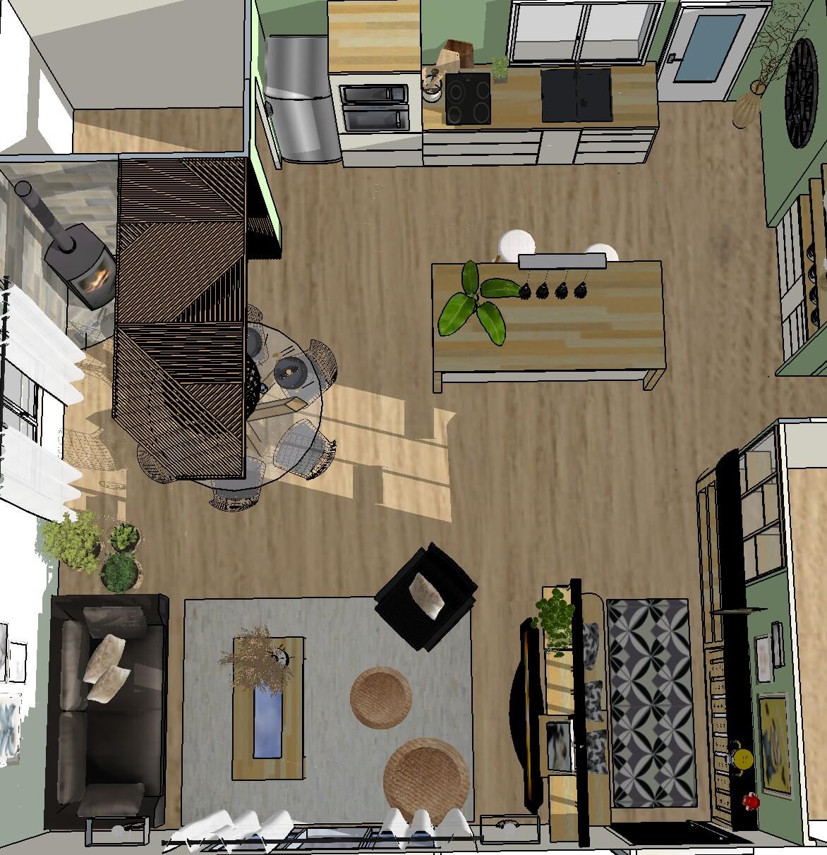 Visuel 3D aire ouverte pour salon, salle à manger, cuisine à Villenave-d'Ornon.