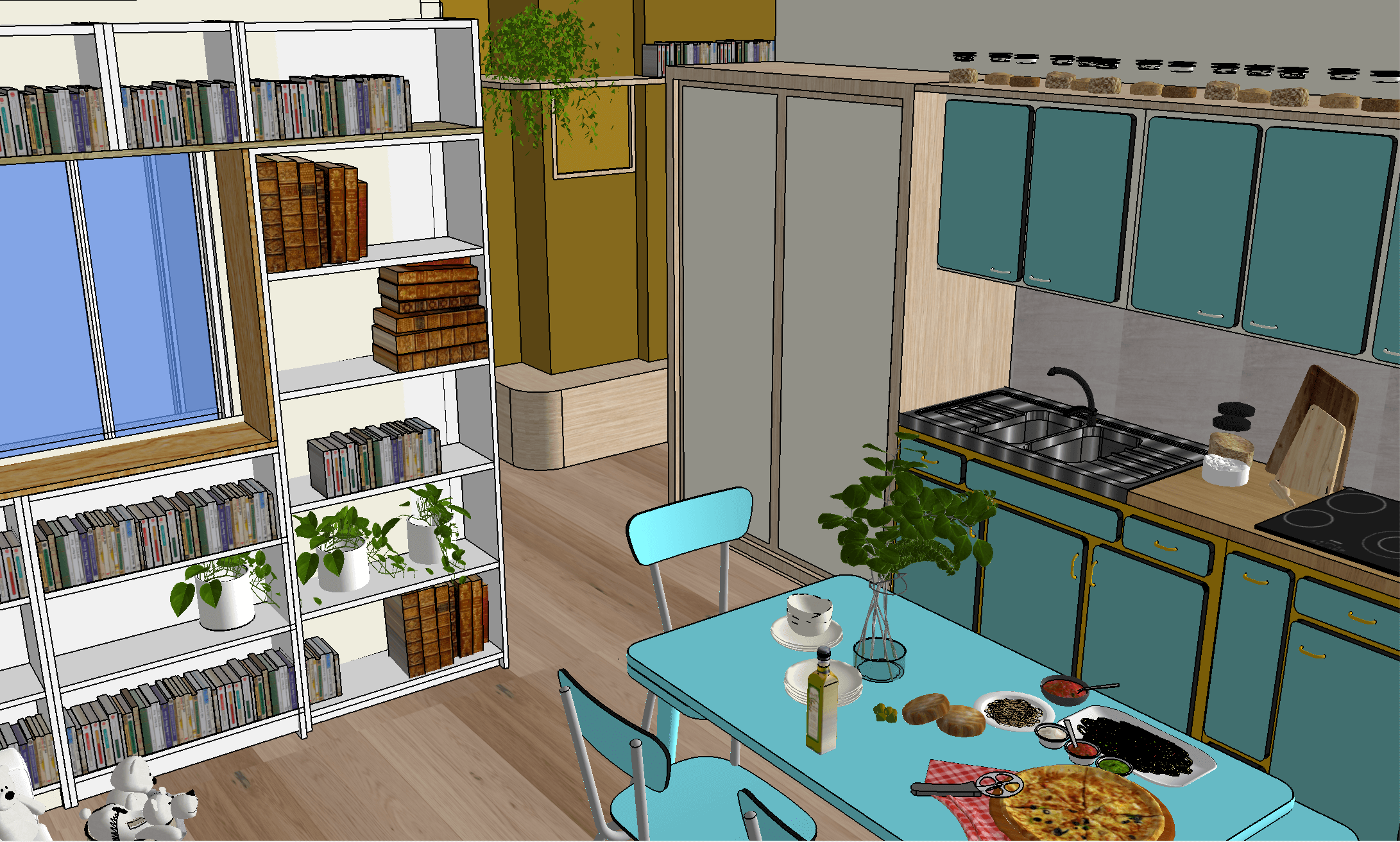 Image 3D d'un appartement à Bordeaux, espace cuisine et bibliothèque.