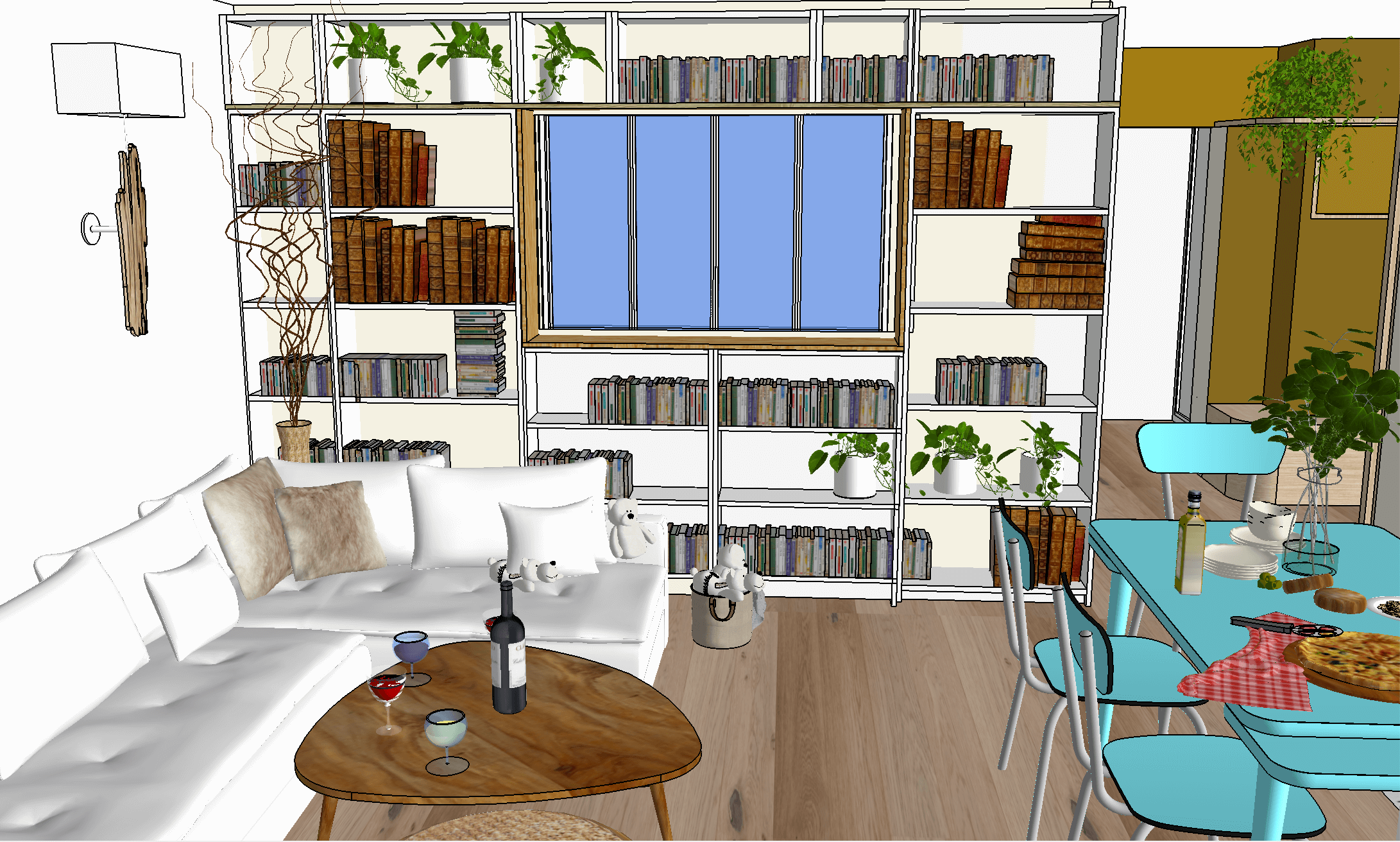 Plan 3D pour salon à Bordeaux avec canapé et bibliothèque. Idée de Georgette MagritteS, décoratrice d'intérieur.