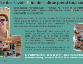 Extrait du magazine municipal Sadirac relatant la rencontre et la collaboration entre Georgette MagritteS décoration d'intérieur et le primeur au Poirier lors de la Fesa Fasa