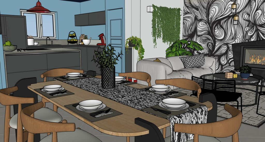 Conception pièce de vie Modélisation 3D Panoramique graphique noir et blanc dynamisé par une cuisine bleue gris