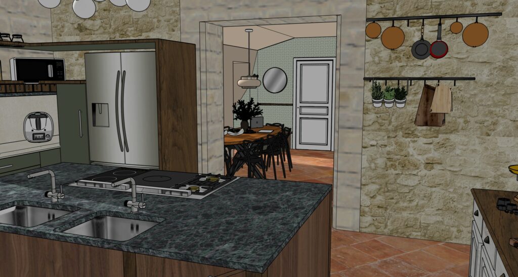 Conception cuisine Modélisation 3D noyer granite vert, classique modernisé