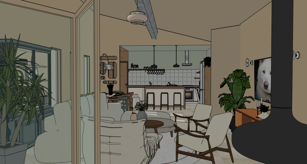 Conception pièce de vie Modélisation 3D teinte lin et céladon, plafond peint Espace chaleureux et enveloppant