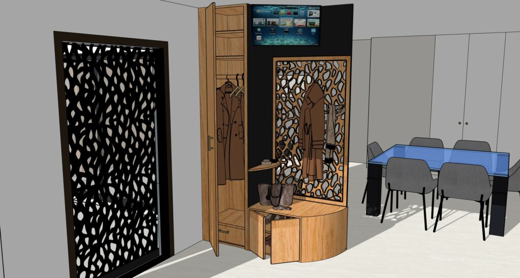 Meuble d'entrée filtre esprit moucharabié bois, reprenant design de la porte d'entrée. Inclusion d'une télévision vers la cuisine masquée par un fond noir