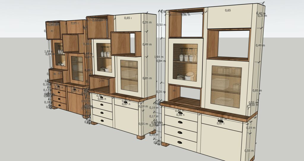 Conception vaisselier arrière cuisine en bois, trois options tout bois / colorés avec ou sans extrusion par Georgette MagritteS